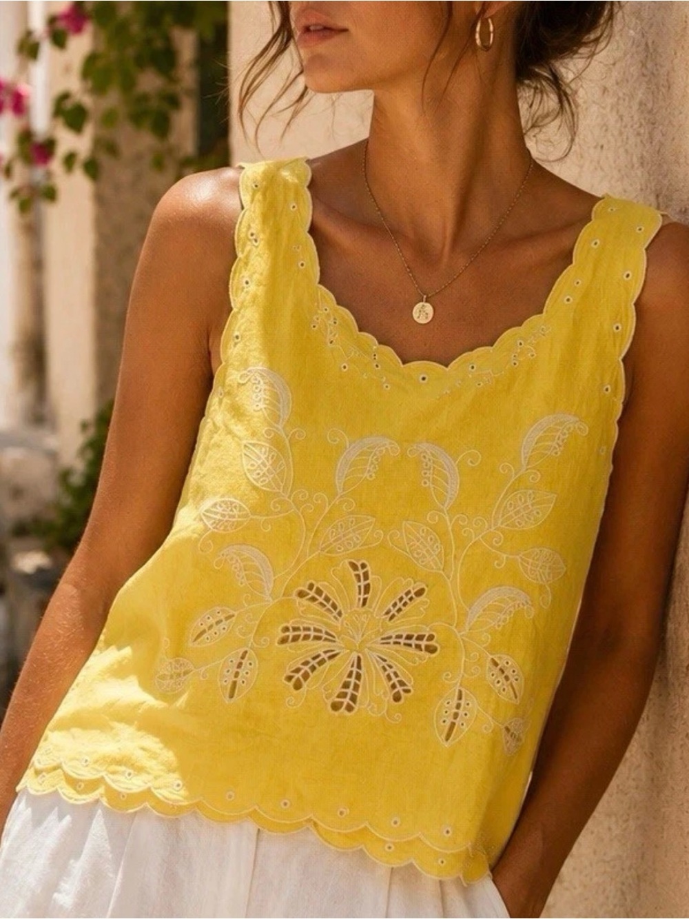 Christian Siriano Yellow White Embellished Crop Tank Top Boho Linen Women’s XS